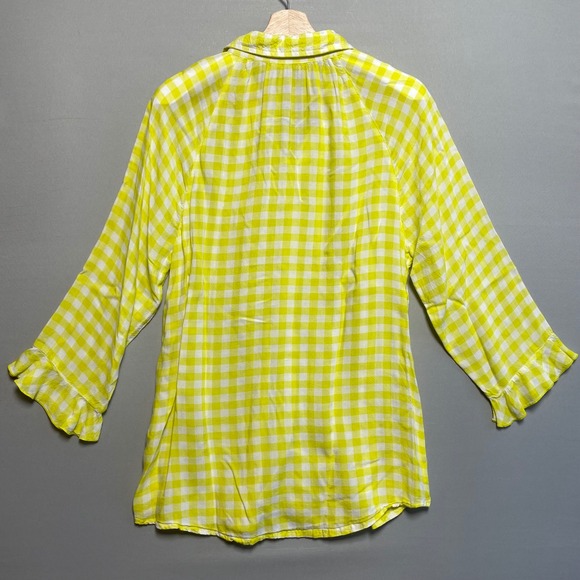 Soft Surroundings Gingham Ruffle Sleeve Button Up Shirt Women's L Bright Yellow - Picture 2 of 7